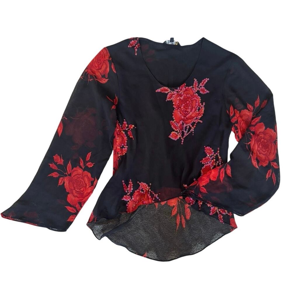🖤 90s Y2K Sheer Black & Red Embroidered Floral Long‑Sleeve Blouse 🌹✨ Size XL